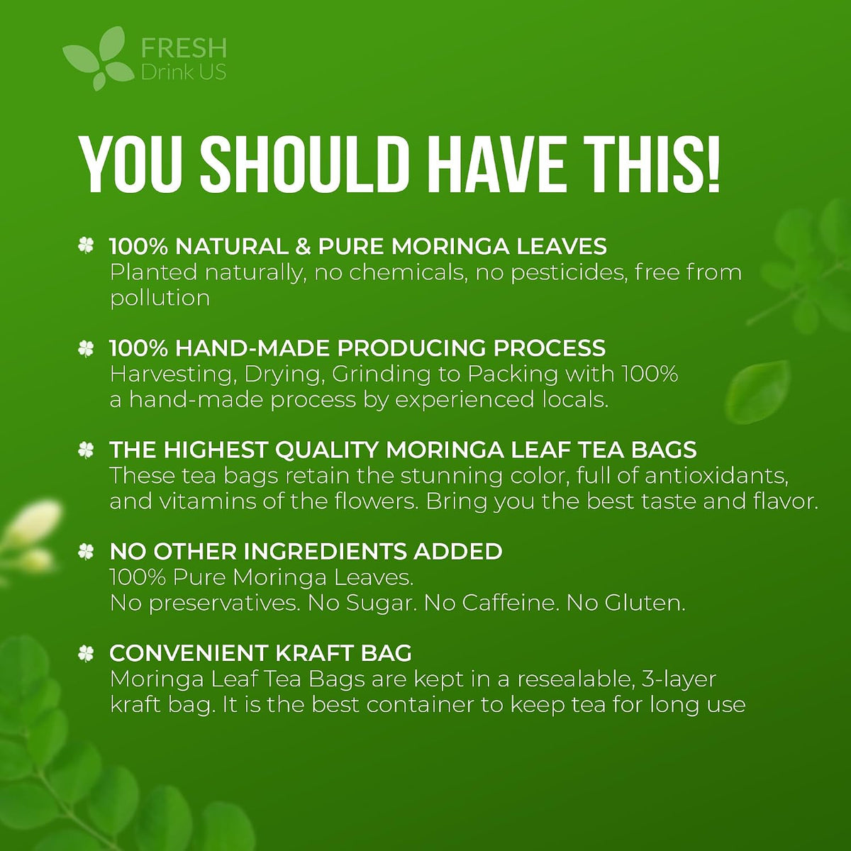 FreshDrinkUS, Premium Moringa Leaf Tea, 135 Count, Pure, Caffeine Free