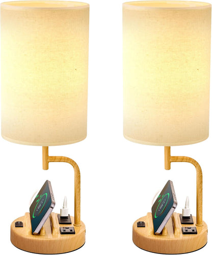 Dreamholder Table Lamp with 3 USB Charging Ports, Modern Desk Lamp with AC Outlet and Phone Stands, Perfect Bedside Lamp for Bedroom, Living Room, Office (Pack of 2), Cream