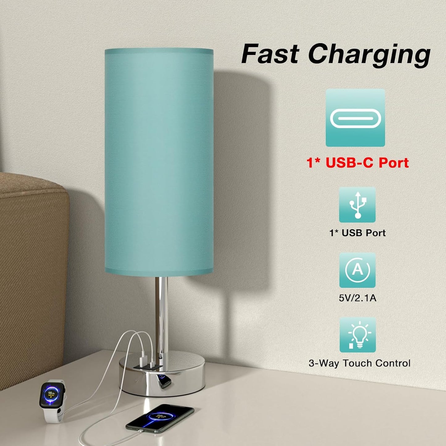 Dicoool Touch Table Lamp for Bedroom, 3 Way Dimmable Bedside Lamp with USB C & A Charging Ports - Small Desk Lamp for Dorm Room, College, Kids, Office, Living Room, White