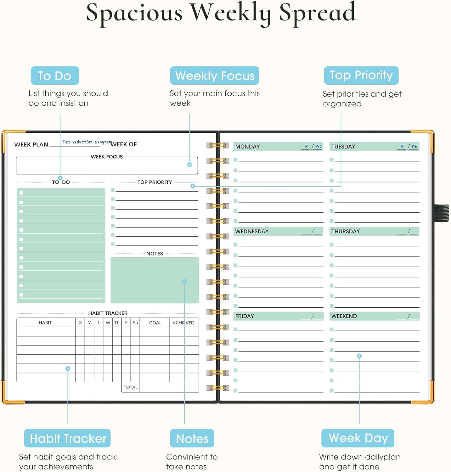 Undated Weekly Planner, Hardcover Leather Weekly & Monthly Calendar Blank Planner, To Do List Notebook with Goal & Habit Tracker Organizer, A5 Daily Planner with Spiral Binding, Ideal for Work School Home, Black