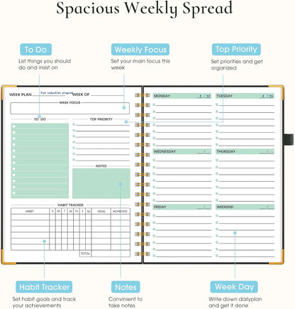 Undated Weekly Planner, Hardcover Leather Weekly & Monthly Calendar Blank Planner, To Do List Notebook with Goal & Habit Tracker Organizer, A5 Daily Planner with Spiral Binding, Ideal for Work School Home, Black