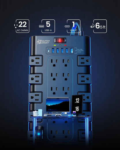 SUPERDANNY Power Strip Surge Protector, 22 AC 6 USB, 2100J, 6.5Ft,1875W/15A
