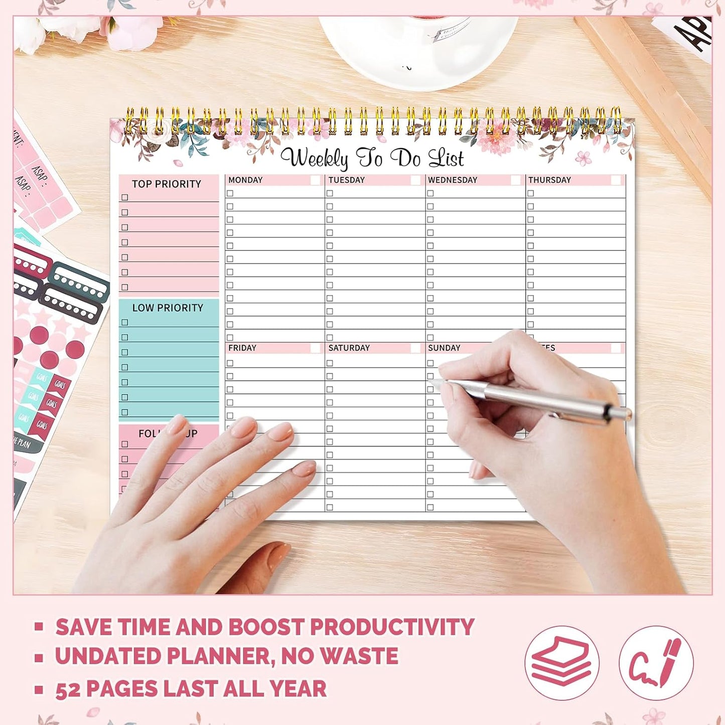 Thboxes Weekly To Do List Notepad, 8.5"x11" Desk Planner 52 Sheets, Green | 100GSM Paper Undated Habit Planner, Productivity Organizer Notepad, for Home School Office Work, Travel, College Essentials