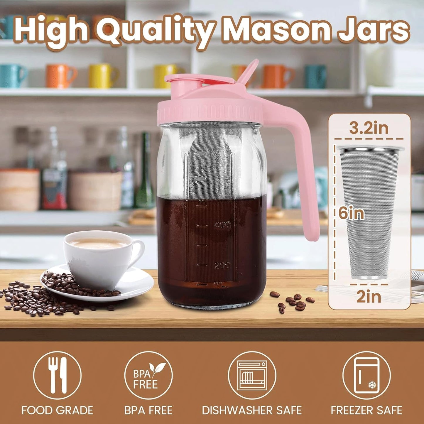 Cold Brew Coffee Maker,64 oz Mason Jar Pitcher with Stainless Steel Filter, Pour Spout Handle Lid, Heavy Duty Glass Airtight & Leak-Proof for Iced Coffee,Tea & Lemonade