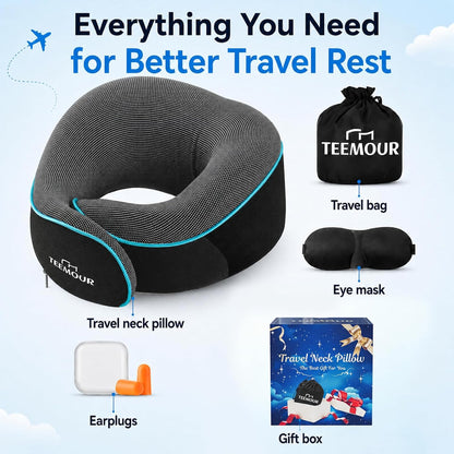 Travel Pillow Neck Pillow for Airplane Travel Essentials - Memory Foam Travel Neck Pillow, Stops Head Bobbing With Eye Mask & Earplugs, Portable Carry Bag for Long Flights| Airplane Accessories Black