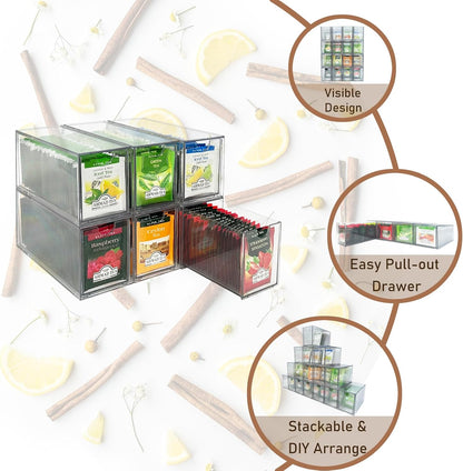 AZEZO 4-Pack Tea Bag Drawers Organizer - 4 Clear Plastic Drawer Tea Bag Holder; Stackable & Portable; Wider Size; Well-Organized Storage for Tea Bags & Kitchen Essentials