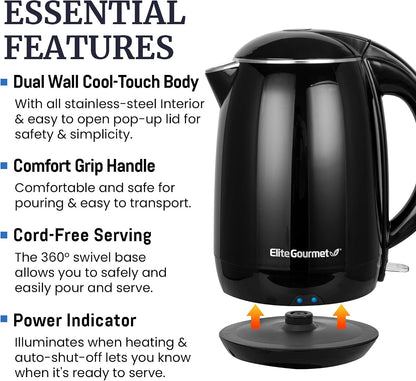 Elite Gourmet 1L Glass Electric Water Kettle, BPA-Free, Fast Boil, Auto Shut-Off, Boil-dry Protection, 360° Swivel Base with Cordless Serving, Clear-view Water Level Markings, Mint