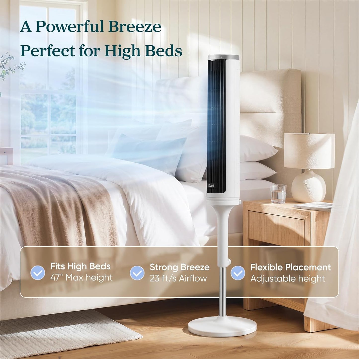 LEVOIT Tower Fan for Bedroom, Standing Fan with 36”-47” Adjustable Height, 90° Oscillating Room Fan, 28dB Quiet for Sleep, 23 ft/s Velocity, 5 Speeds 4 Modes, 12H Timer, Remoter, for Home, White