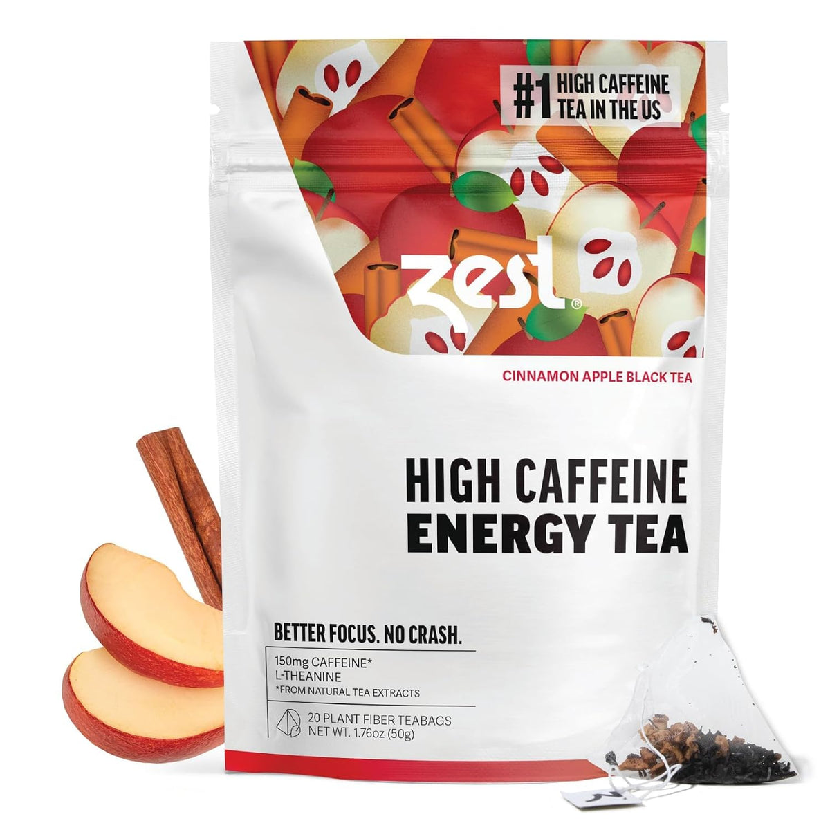 Zest Cinnamon Apple Spice Energy Tea – High Caffeine Black Tea Bags for Focus, Clarity & Morning Energy – Natural Non-GMO Caffeinated Breakfast Tea – Cozy Fall Focus Tea with 150mg Caf – 20Ct Pack