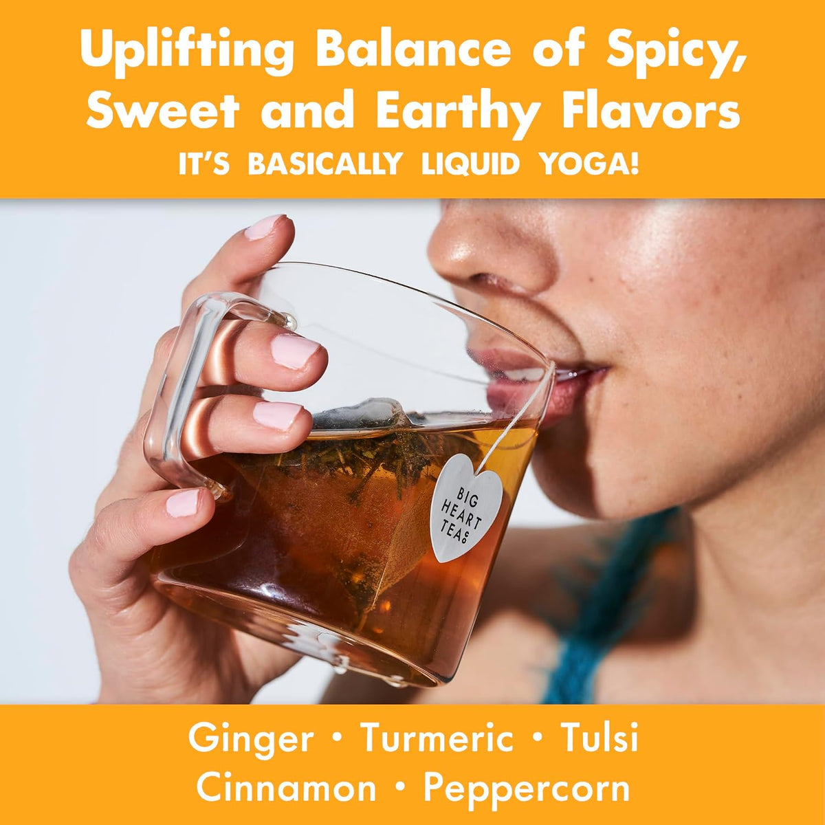 Big Heart Tea Co. Ginger Turmeric Tea, Certified Organic Tea Bags (20 Count) Herbal Caffeine Free Blend with Adaptogenic Tulsi, Peppercorn, Cinnamon - Cup of Sunshine