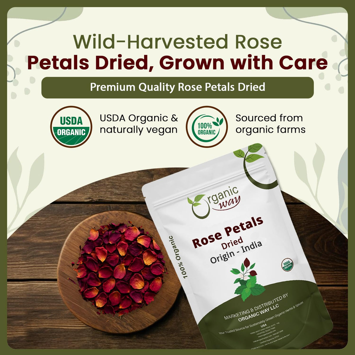 Organic Way Rose Petals Dried - Herbal Tea - 100% Raw from India (8 Oz)