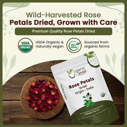 Organic Way Rose Petals Dried - Herbal Tea - 100% Raw from India (8 Oz)