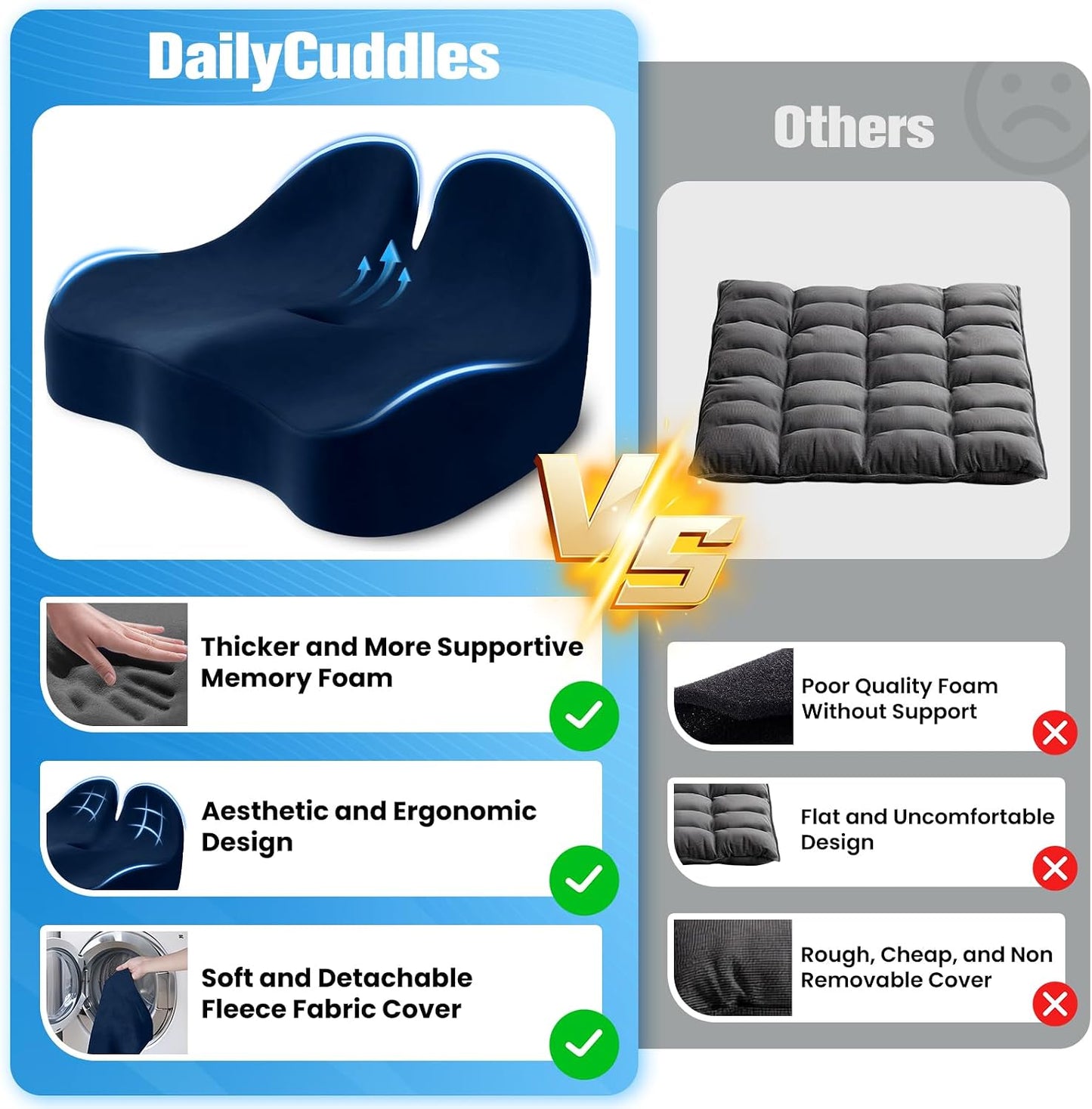 Seat Cushion, Chair Cushions for Office Chairs/Desk Seats/Wheelchair - Hip&Sciatica&Tailbone Pain Relief Memory Foam Office Chair Cushion for Long Sitting Office Workers, Black