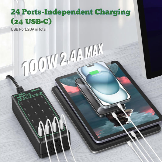 24-Port 100W (20A) USB C Charging Station, Multiple Fast Charger Hub, Home Desktop Power Adapter, Travel Convenient, Compatible With iPhone/Samsung/Google and More