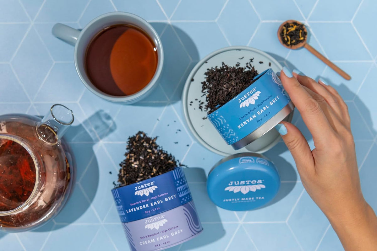 JusTea EARL GREY TEA TRIO 3 Flavour Variety Pack, 45+ Cups Tin with Spoon