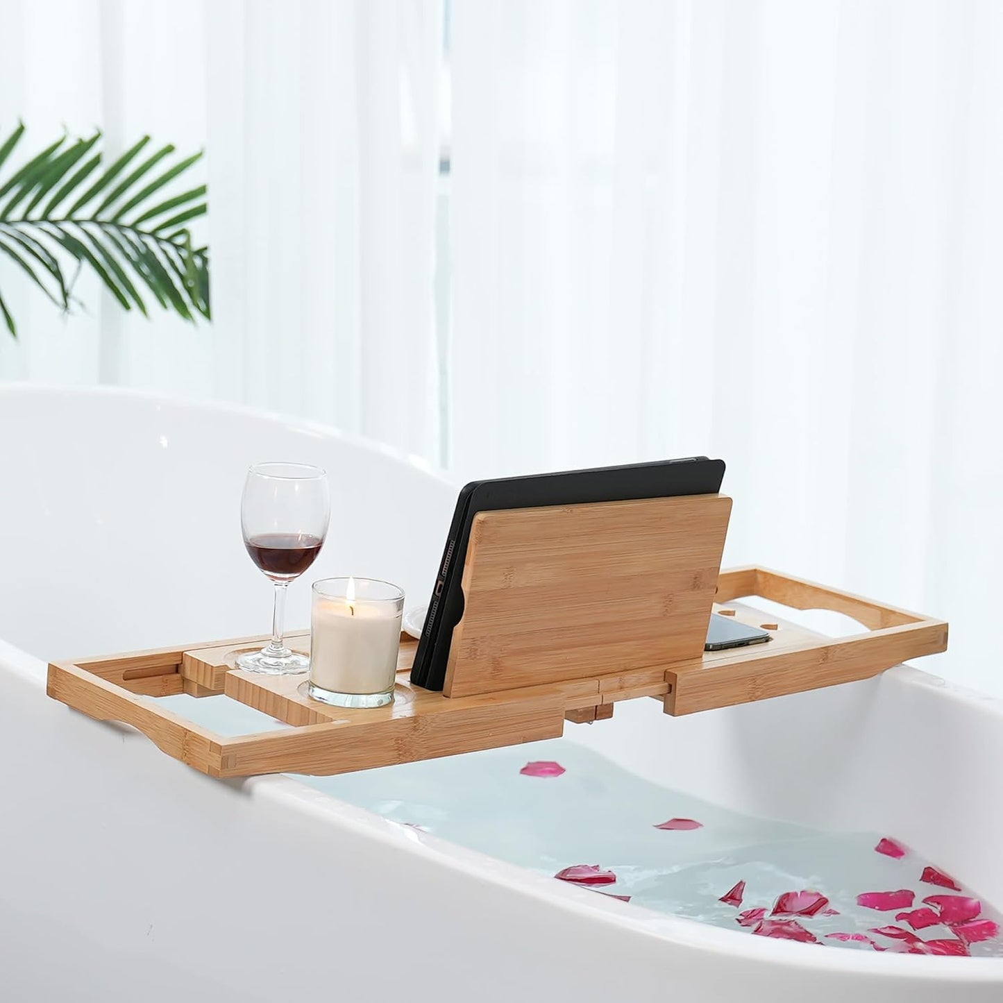 Utoplike Bamboo Bathtub Caddy Tray for Tub, Expandable Bath Table Trays