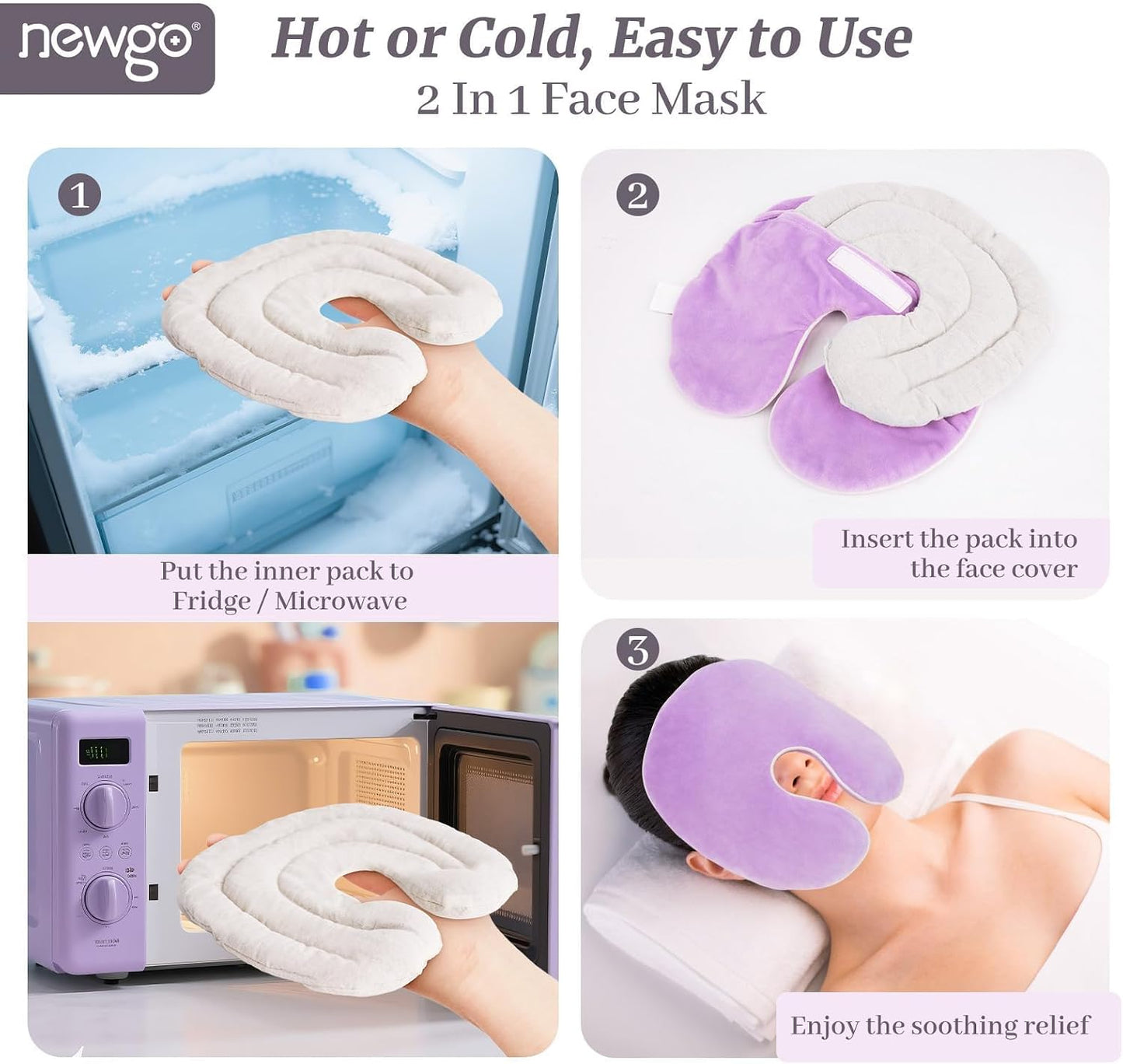 NEWGO Face Heating Pad Sinus Relief Mask, Moist Heat Face Mask Microwavable, Warm Compress for Sinus Pressure Relief, Migraine, Tension Headache Relief - Purple