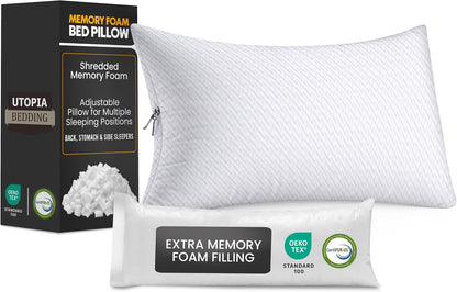 Utopia Bedding Shredded Memory Foam Pillows (Queen), Cooling Adjustable Bed Pillows for Sleeping with Washable Pillow Case, Back, Stomach and Side Sleeper Pillow, Plush and Supportive (1 Pack)