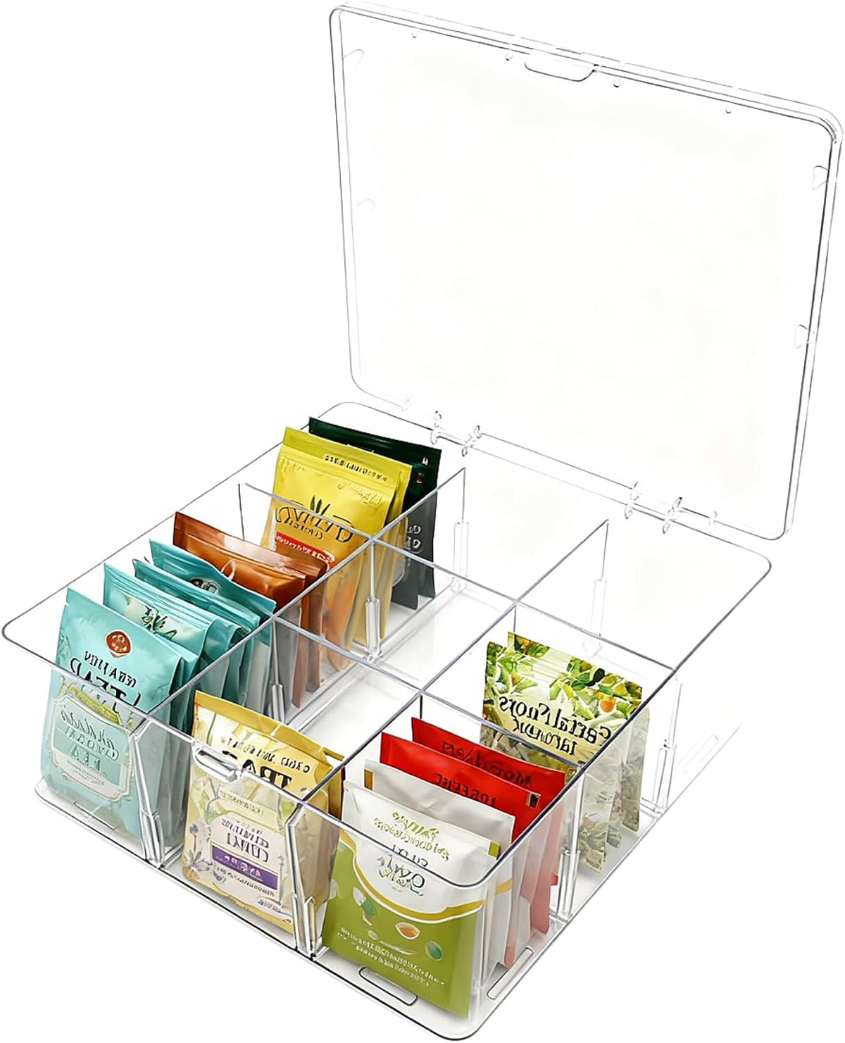 Acrylic Tea Bag Organizer with Lid, 9-Grid Clear Storage Box with Removable Dividers, Plastic Drawer Organizer for Tea Bags, Office Supplies, Closet, Socks, Dresser Drawers