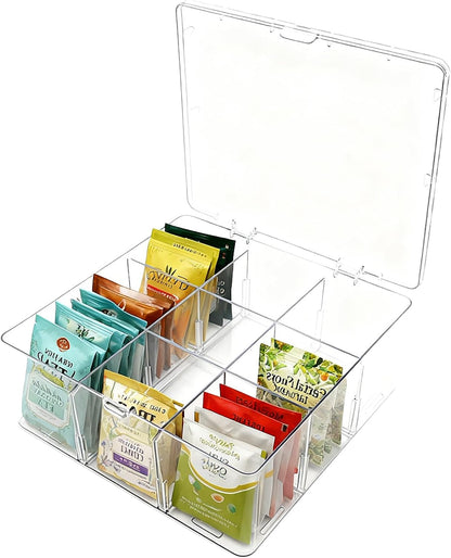 Acrylic Tea Bag Organizer with Lid, 9-Grid Clear Storage Box with Removable Dividers, Plastic Drawer Organizer for Tea Bags, Office Supplies, Closet, Socks, Dresser Drawers