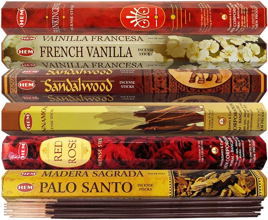 Hem Incense Sticks Variety Pack #23-120 Insence-Sticks (6 Incents x 20 Insense) + Incense Stick Holder with 6 Most Liked Scents Including Patchouli Dragons Blood White Sage Frankincense-Myrrh