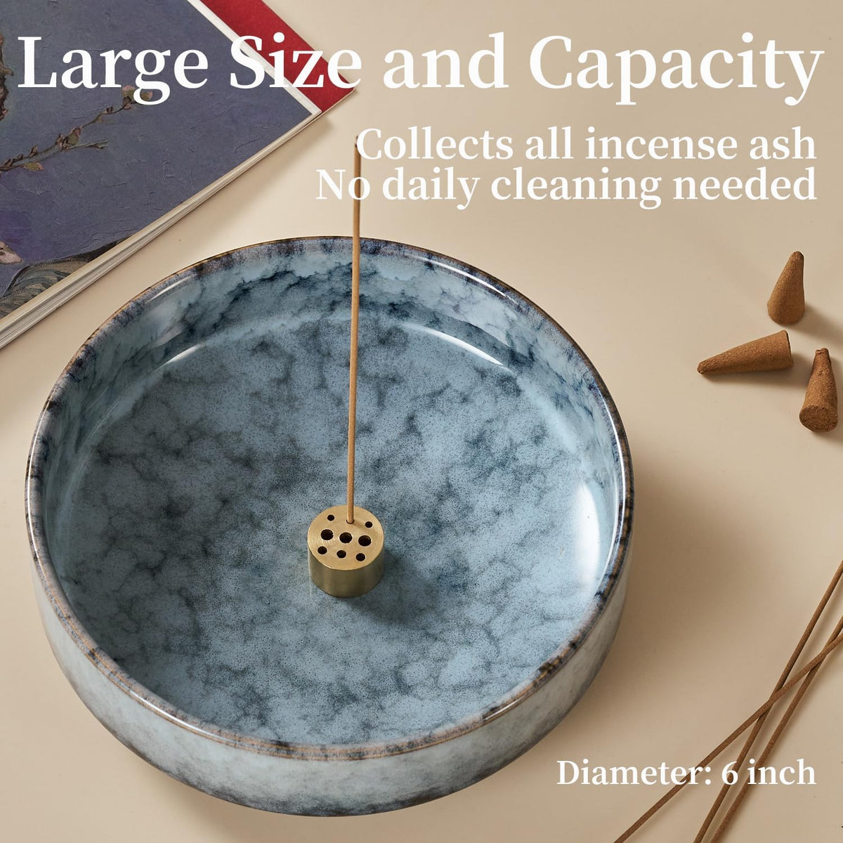 6" Ceramic Incense Holder for Sticks with 10 Holes,5in1 Handmade Flambé Glaze Incense Burner Bowl Ash Catcher for Stick,Coil,Cone,Sage,Palo Santo,Candle - Ideal for Yoga Spa Meditation Home Décor