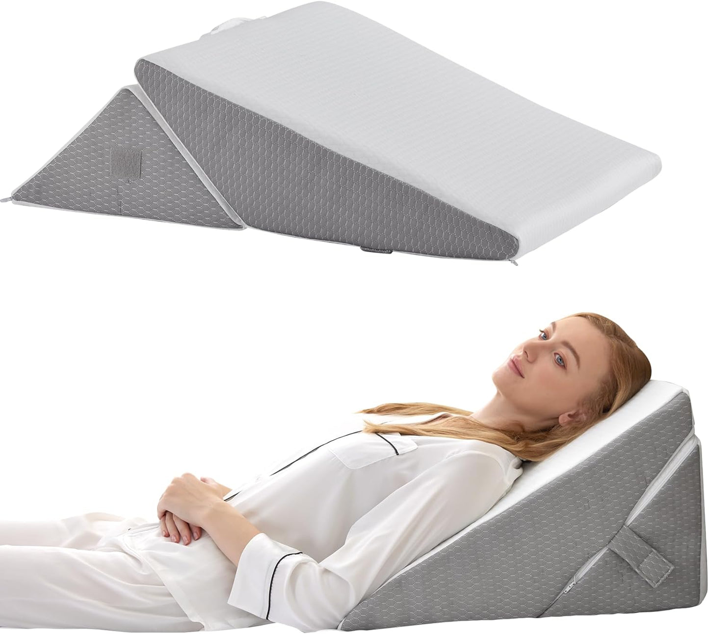 Bedluxe Wedge Pillow Headboard, 3PCS Orthopedic Bed Wedge Pillows Set for After Surgery, Adjustable Pillow Wedge for Acid Reflux&Back Pain Relief, Sleeping, Back Pillow for Bed Sitting Up, White/Grey