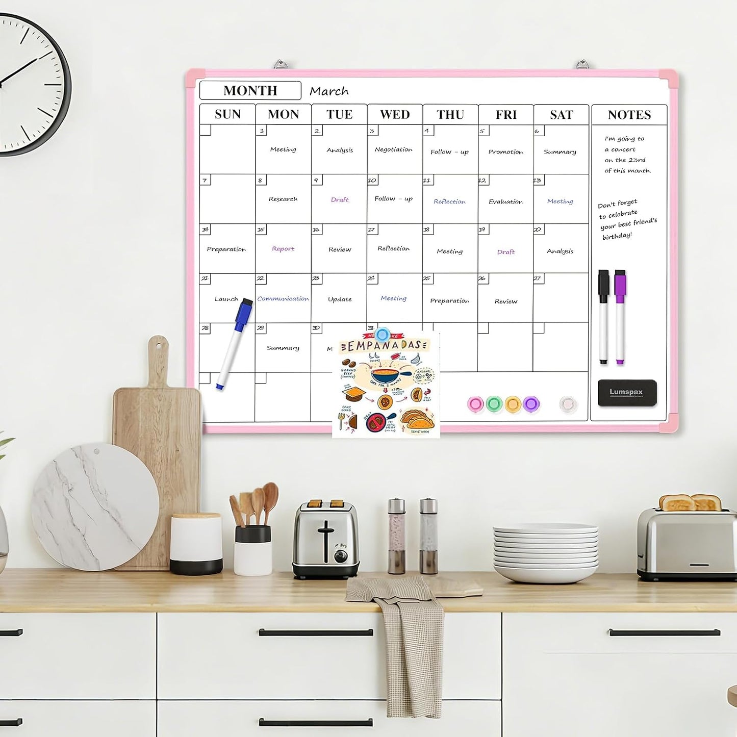 Monthly Whiteboard Calendar for Wall, Small 16" x 12" Dry Erase Board with Plastic Frame, Hanging Dry Erase Calendar with 3 Mini Sticky Notes for Kitchen Planner, Memo, Home and Office