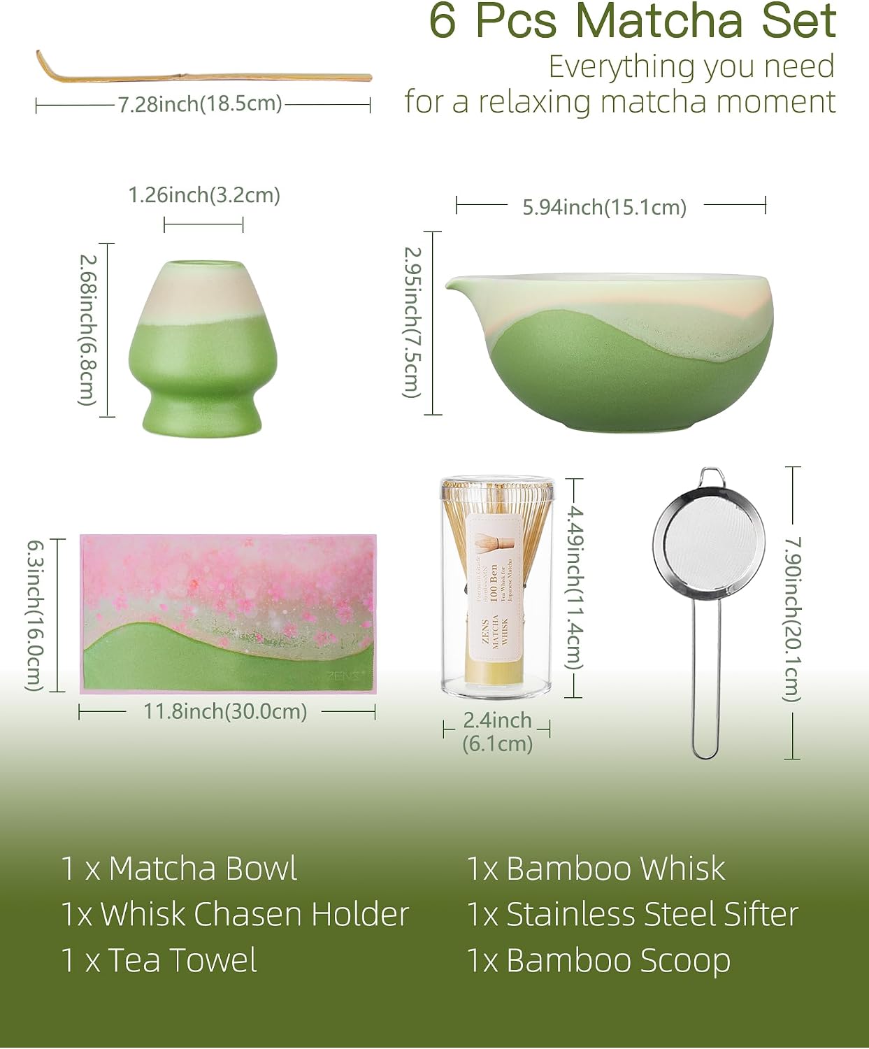 ZENS Matcha Whisk Set, Matcha Kit Set, Matcha Bowl with Spout, Bamboo Whisk & Scoop, Chasen Holder, 304 Sifter & Tea Mat, 6pcs Japaness Matcha Kit for Matcha Lovers, Birthday Gift, Pale Green