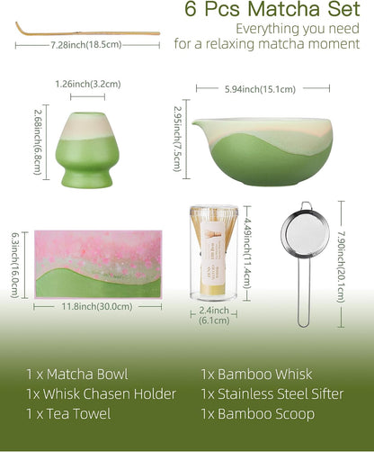 ZENS Matcha Whisk Set, Matcha Kit Set, Matcha Bowl with Spout, Bamboo Whisk & Scoop, Chasen Holder, 304 Sifter & Tea Mat, 6pcs Japaness Matcha Kit for Matcha Lovers, Birthday Gift, Pale Green
