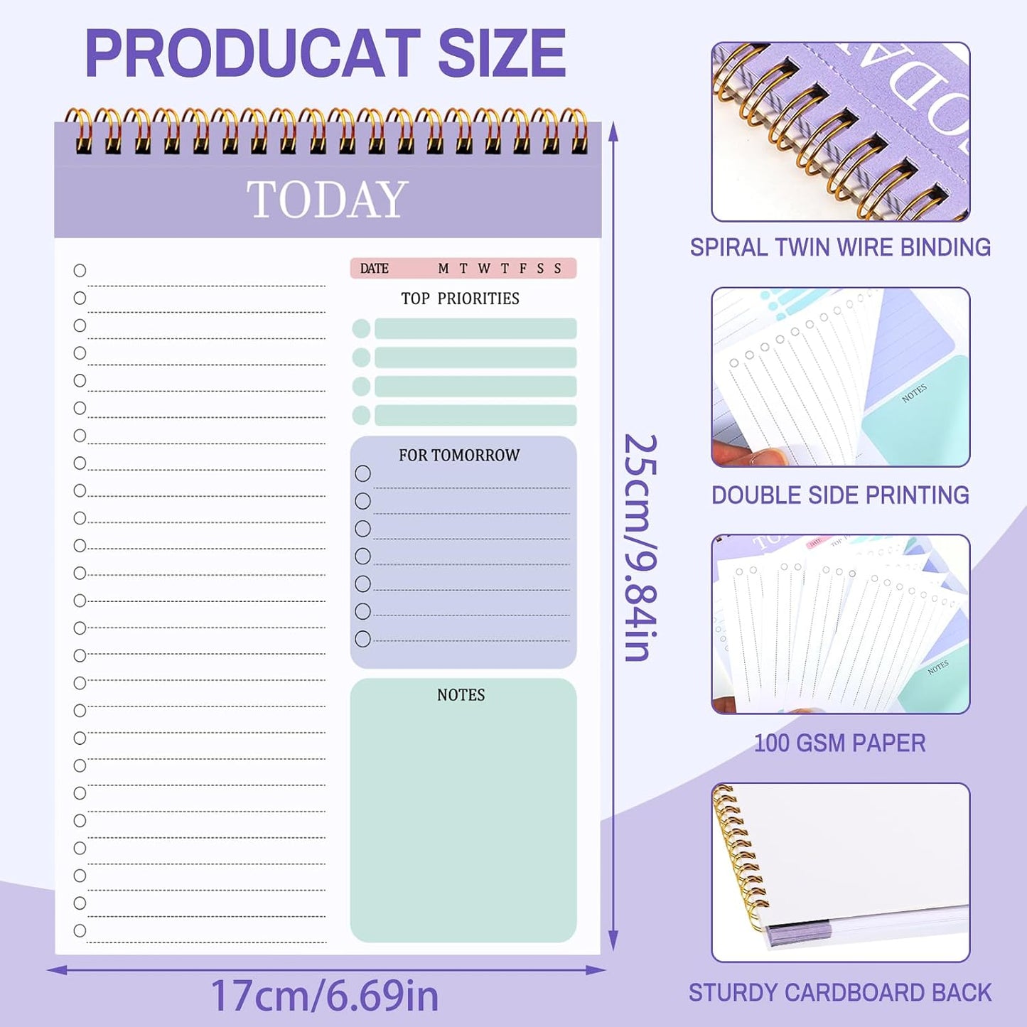 to Do List Notepad, Undated Daily Planner, 120 Pages, 6.7 x 9.8 in | 100 GSM FSC Paper, Plastic Cover, Spiral Bound, Tear-Off Pages, Task Checklist Layout For Home Office School Supplies