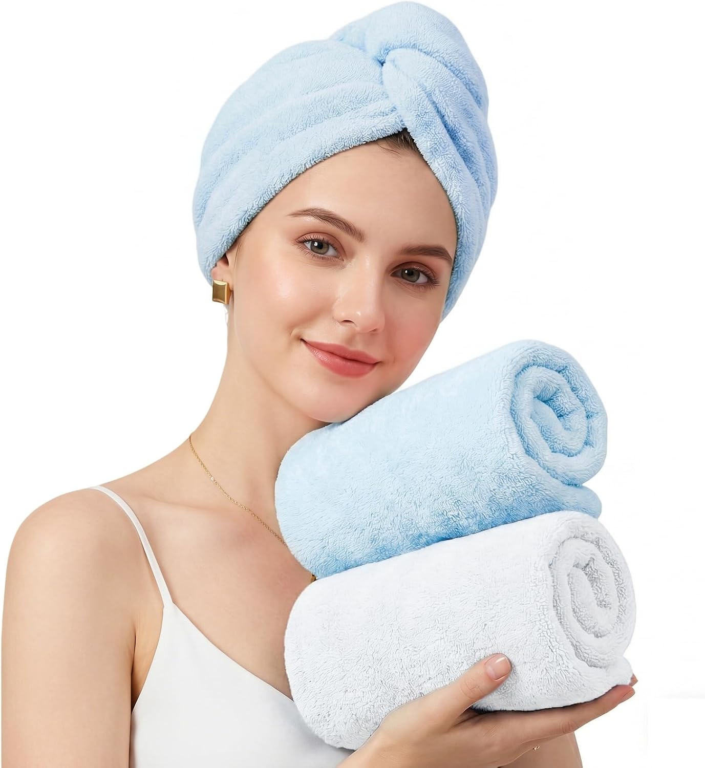 Mandydov 100% Cotton Hair Towel Wrap for Women, 2 Pack Thickened & Super Absorbent Turbans, Anti Frizz Quick Dry Hair Towels (Blue, Pink Blush)