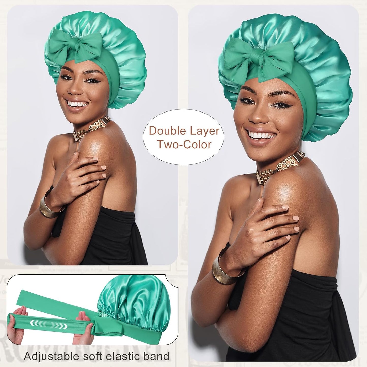 Satin Bonnet for Sleeping Cap Double Layer Hair Bonnet with Elastic Tie Band for Curly Hair Night Cap (Bean Paste + Pink)