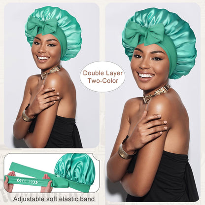 Satin Bonnet for Sleeping Cap Double Layer Hair Bonnet with Elastic Tie Band for Curly Hair Night Cap (Bean Paste + Pink)