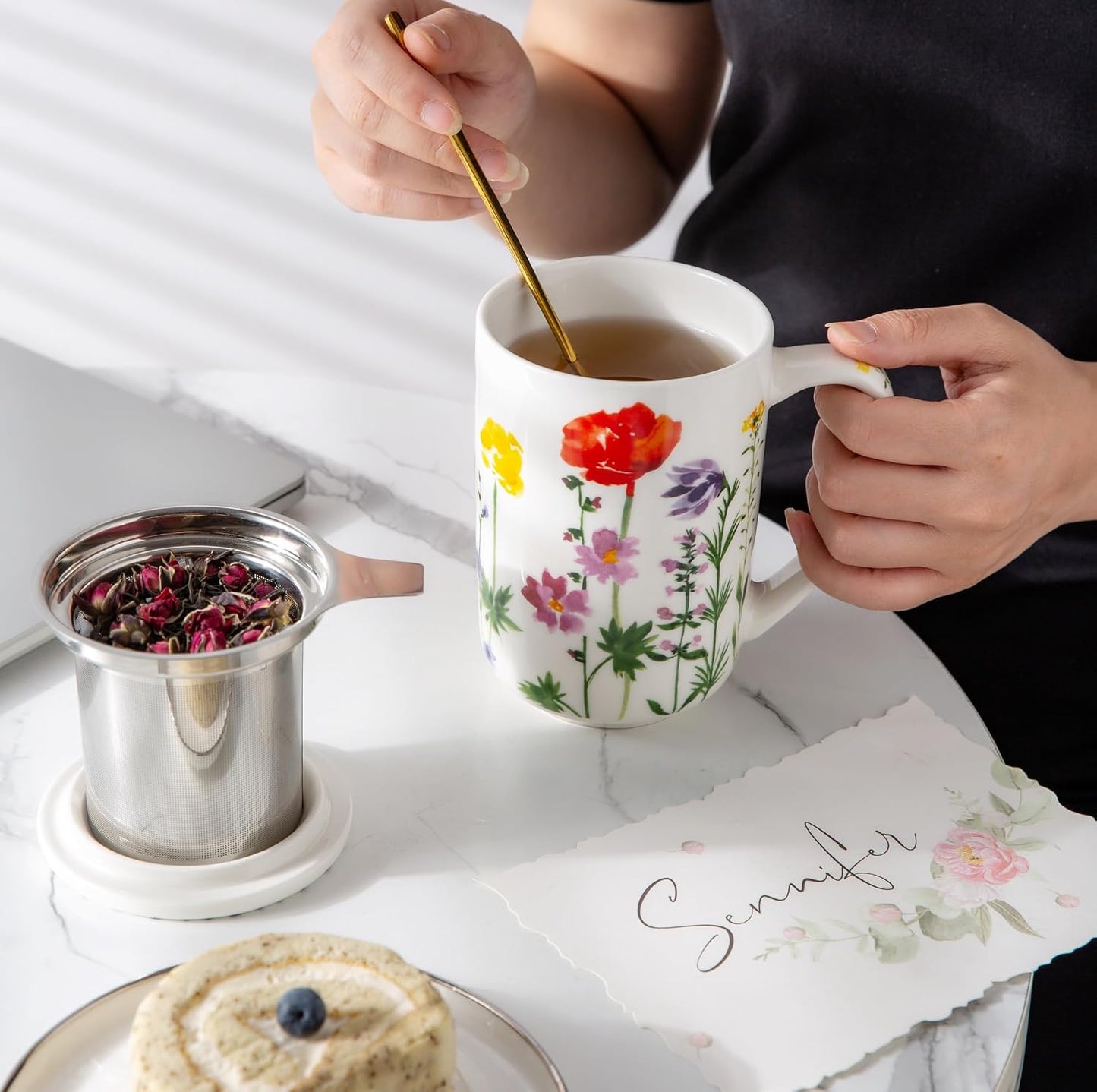 AmorArc Porcelain Tea Mug with Infuser and Lids, 18 Oz Large Cup Strainer with Bag Holder for Loose Leaf Tea, Steeping Coffee Mug for House-warming Wedding Birthday Gift