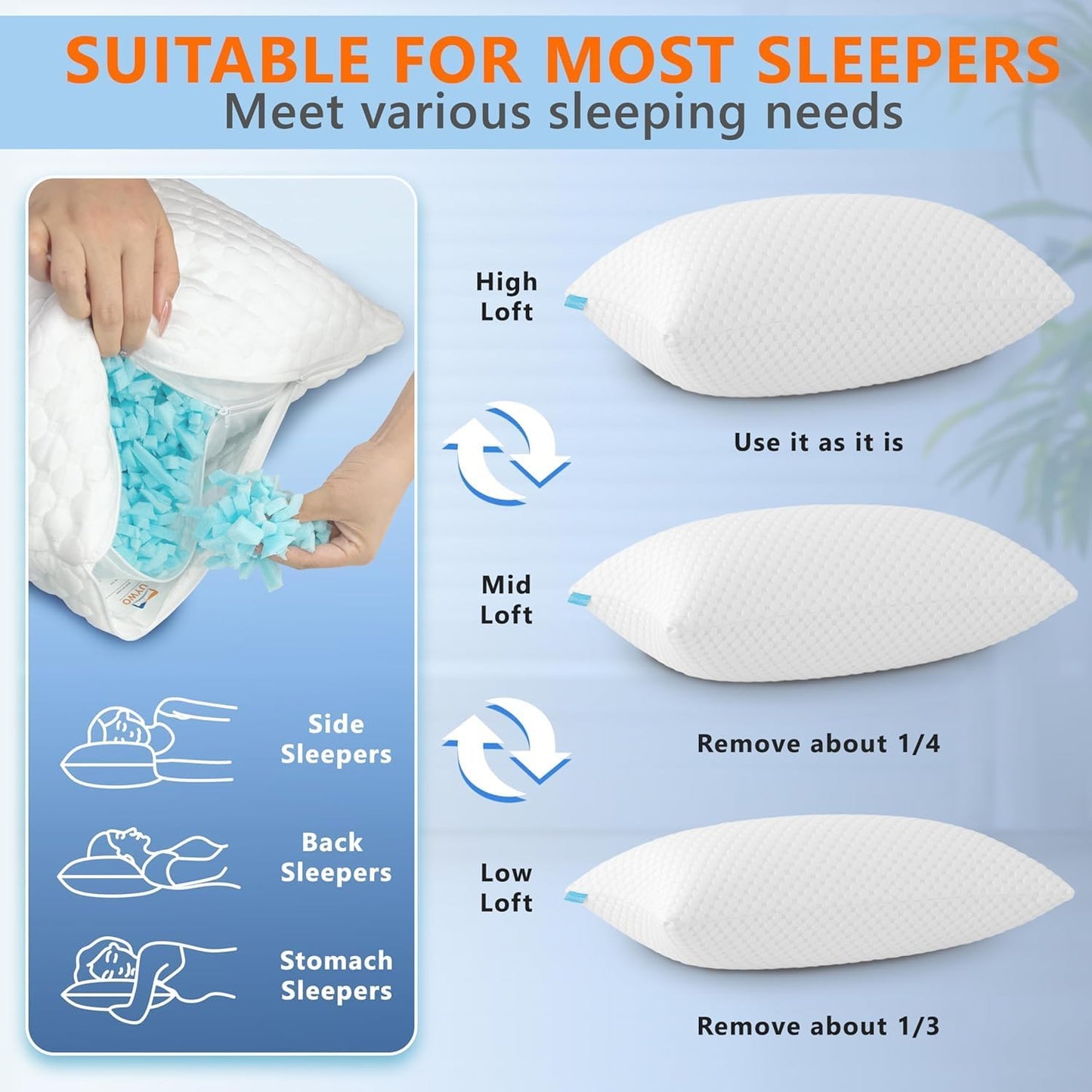 UYWO Cooling Pillows Queen Size Set of 2, Adjustable Memory Foam Pillows