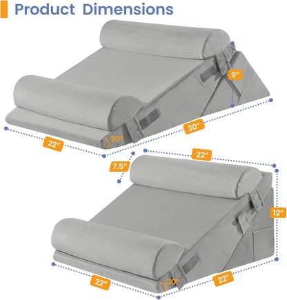 Sasttie Wedge Pillow Set for After Surgery, 2PCS Adjustable Bed Wedge Pillow Headboard with Memory Foam Neck Cushion – for Acid Reflux, Sleeping, Neck & Back Support, Dark Grey & White
