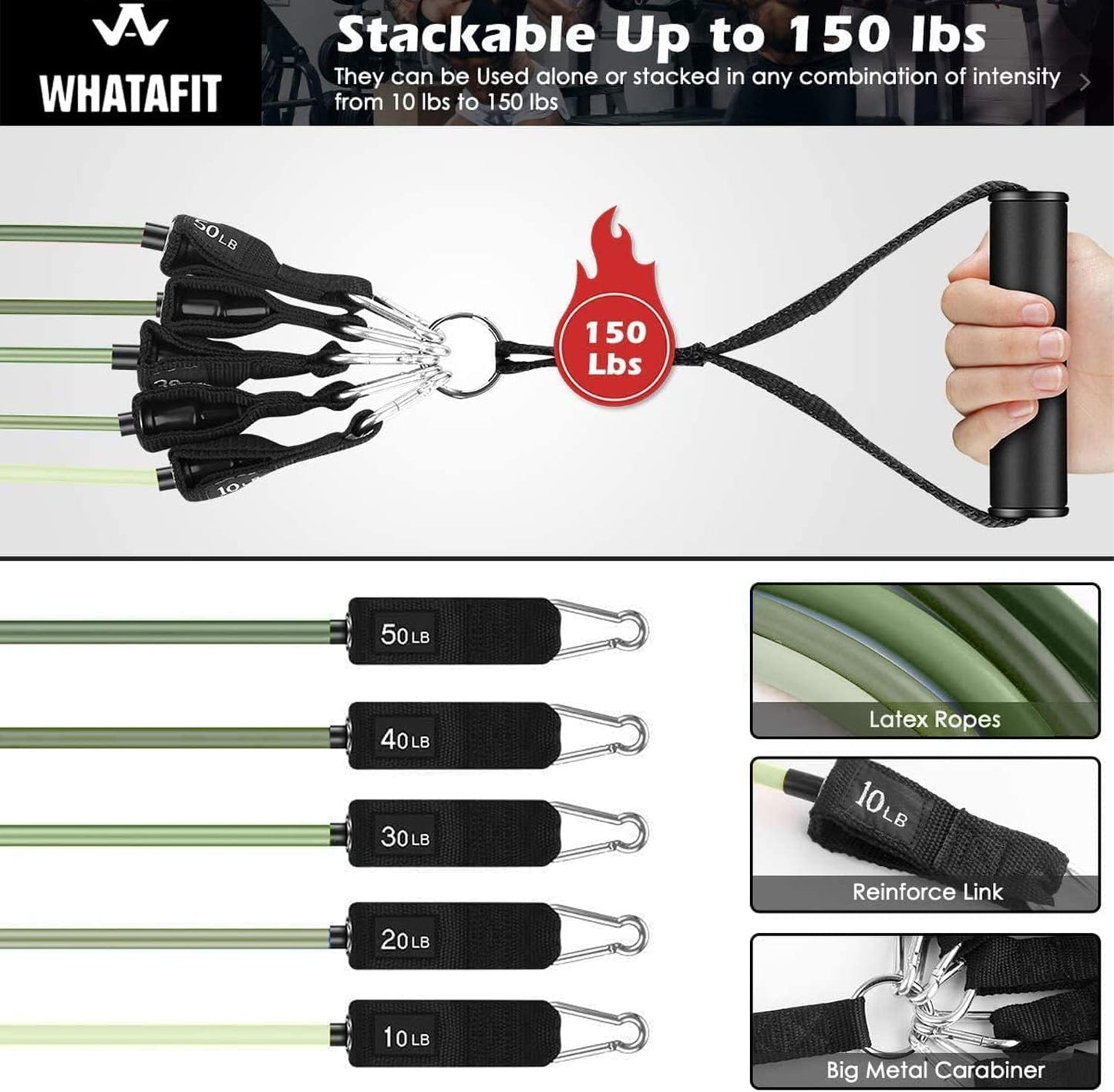 WHATAFIT Resistance Bands, Exercise Bands, Workout Bands with Handles, Door Anchor and Ankle Straps, 5 Resistance Levels Fitness Bands for Strength Training, Physical Therapy, and Home Gym Equipment