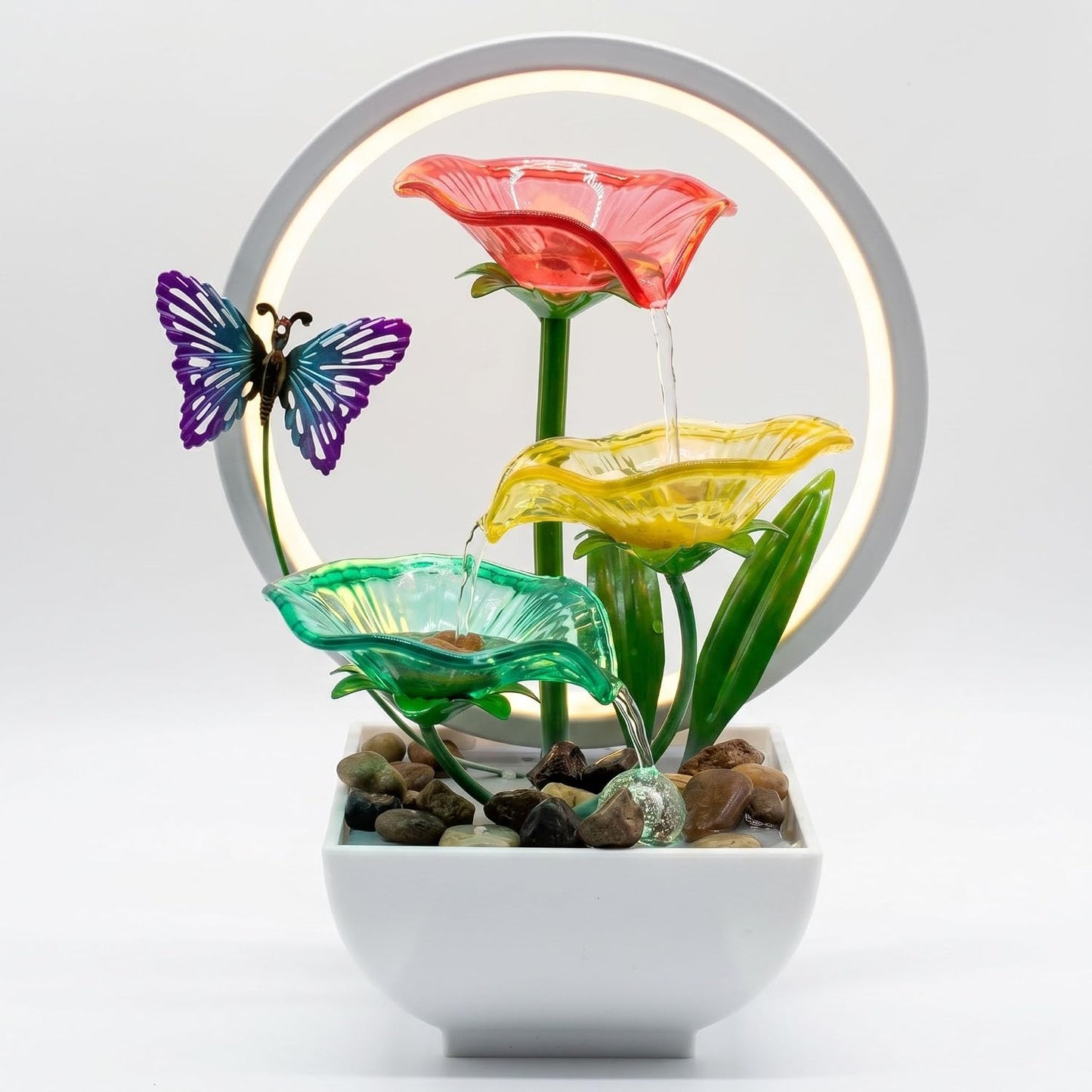 Tabletop Fountain,Indoor Water Fountain,Home Fengshui Décor Zen Relaxation Soothing Sound Machine for Office,Living Room,or Bedroom,Green Lotus,Hummingbird & Pink Flower