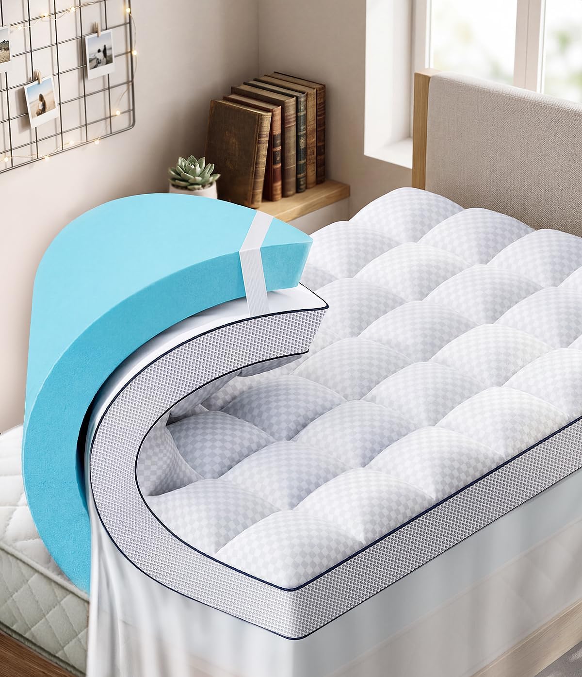 Dual Layer 4 Inch Memory Foam Mattress Topper King Size, 2" Cooling Gel Memory Foam & 2" Pillow Top Mattress Pad Cover for Back Pain Relief, Deep Elastic Pocket, Medium Support, White