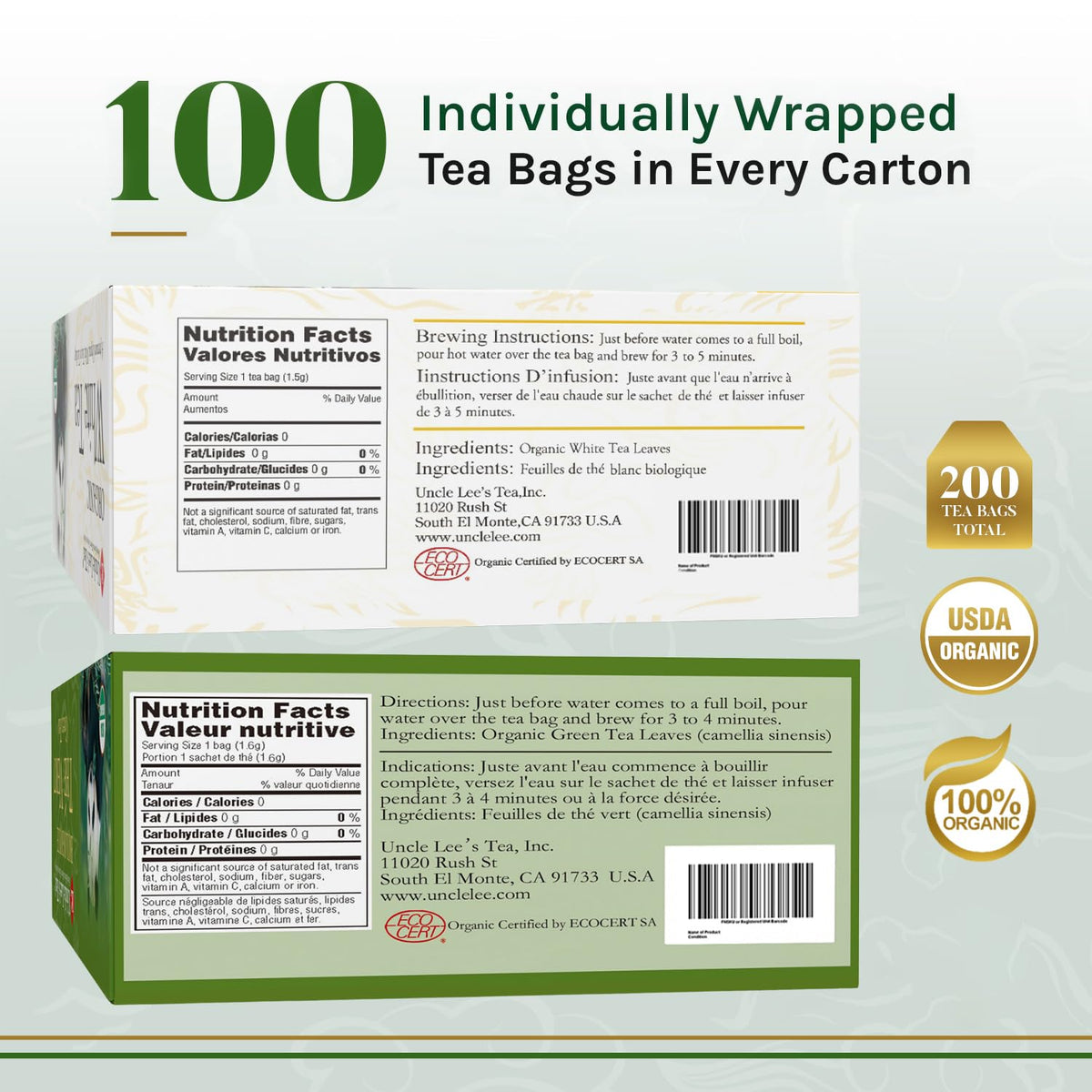 Uncle Lee's Organic White & Green Tea Variety 2-Pack (200 Individually Wrapped Bags) – Lightly Caffeinated Bulk Teas for Home, Office, Camping