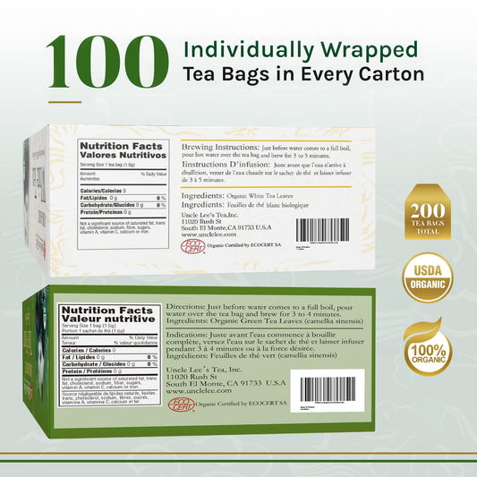 Uncle Lee's Organic White & Green Tea Variety 2-Pack (200 Individually Wrapped Bags) – Lightly Caffeinated Bulk Teas for Home, Office, Camping