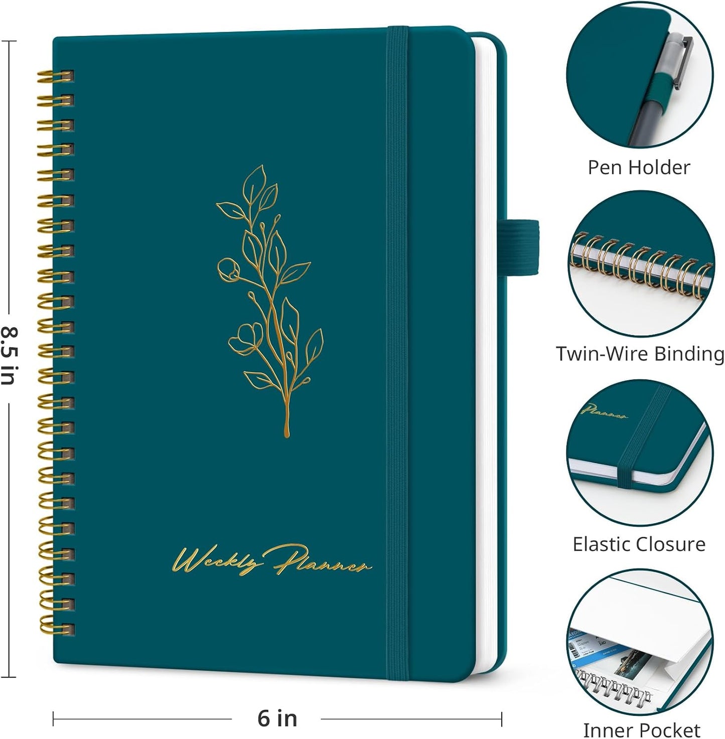 Taja Undated Weekly Planner, Weekly To Do List Notebook with Goal & Habit Tracker Organizer, A5 Weekly Planner Notebook with Spiral Binding, 6.1" x 8.2" - Green