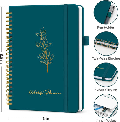 Taja Undated Weekly Planner, Weekly To Do List Notebook with Goal & Habit Tracker Organizer, A5 Weekly Planner Notebook with Spiral Binding, 6.1" x 8.2" - Green