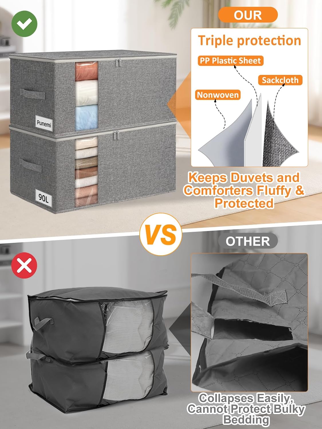 punemi 60L Sturdy Comforter Storage Bag, Blanket Organizer, Grey