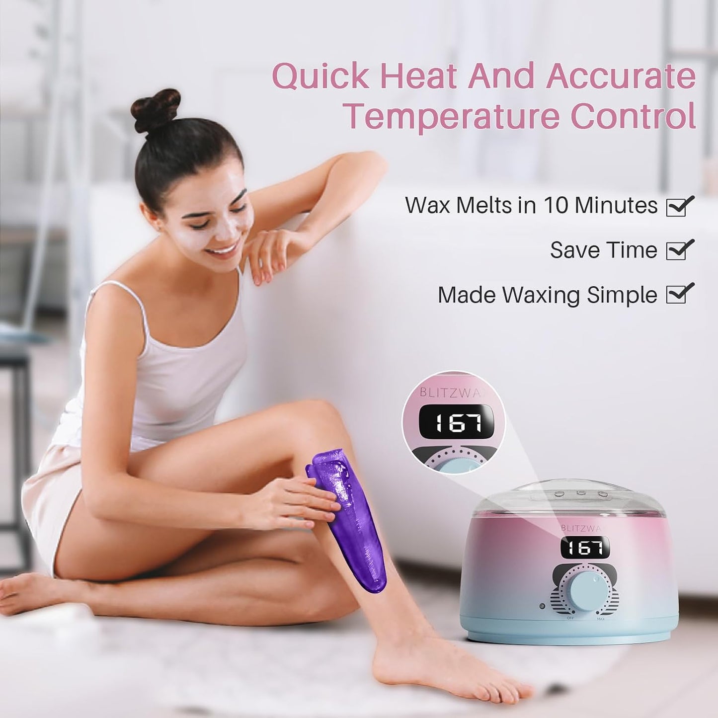 BLITZWAX Brazilian and Bikini Waxing Kit for Women, Hard Wax Warmer for Face, Legs and Body, At Home Hair Removal Kit, Beginner Friendly, Digital Fast Heating, 51 Wax Items