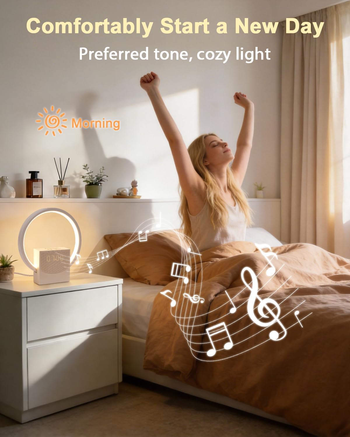 Wake Up Light Sunrise Alarm Clock for Heavy Sleepers Adults,White Noise Sound Machine with 8 Natural Sounds,Digital Alarm Clock with 3-Level Lighting,30/60/90 Timer,Snooze,USB Charger Port