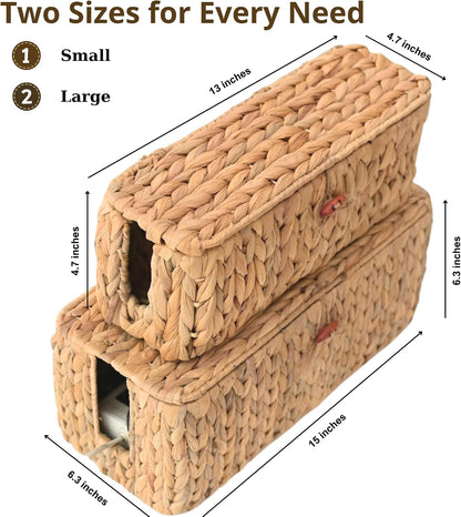 Wicker Cable Management Box Set of 2 with Lid, 15 in, Natural