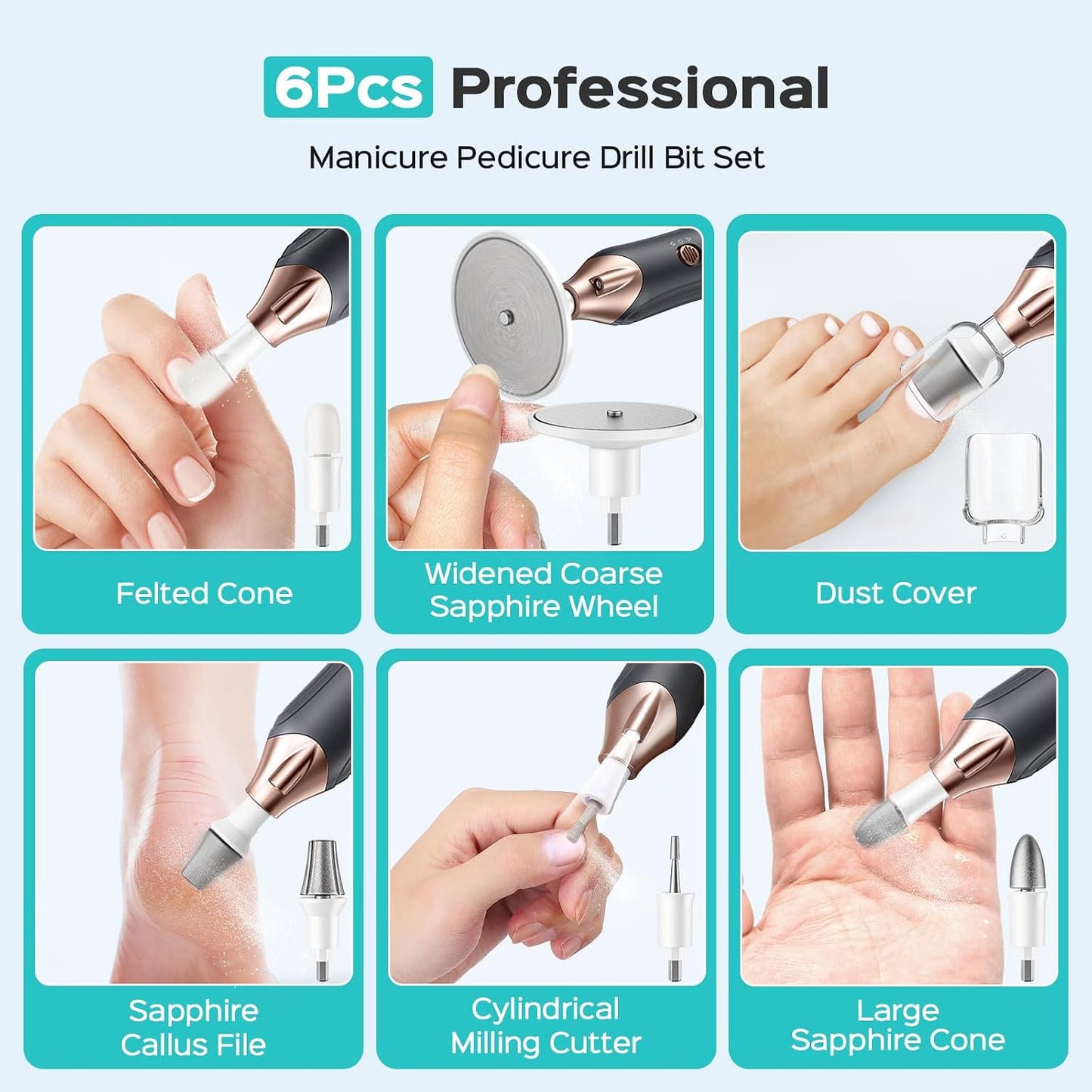 COSLUS C43 Professional Manicure Pedicure Kit, 5-in-1 Electric Nail File for Toenail Hand Feet, Basic & Thick Nails Care, Cordless, 5 Speeds, for Men Women Seniors Home Salon, Wider Grinder, White