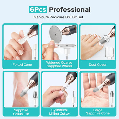 COSLUS C43 Professional Manicure Pedicure Kit, 5-in-1 Electric Nail File for Toenail Hand Feet, Basic & Thick Nails Care, Cordless, 5 Speeds, for Men Women Seniors Home Salon, Wider Grinder, White
